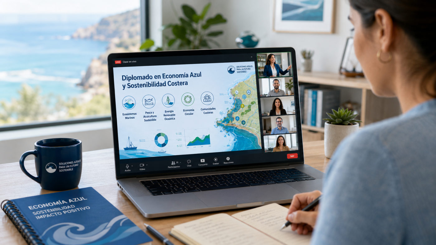 Clase en vivo online del Diplomado en Economía Azul con participantes en videollamada