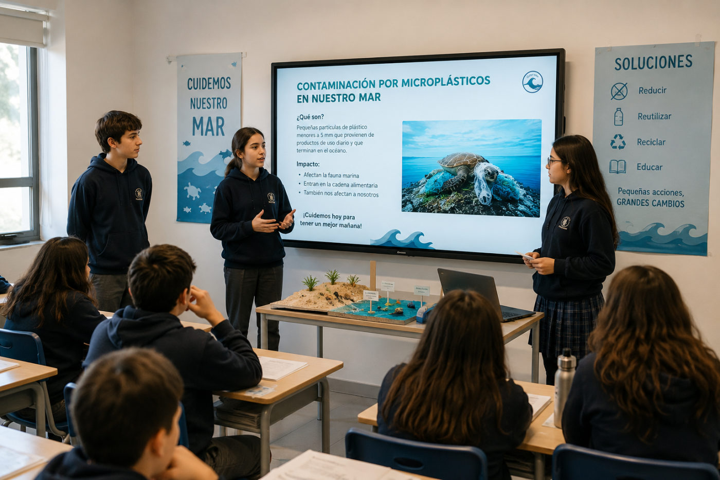 Estudiantes presentando un proyecto escolar sobre microplásticos en el mar